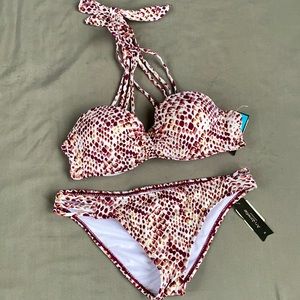 Size Medium, Ambrielle White & Purple with gold metallic Reptile print, Bikini